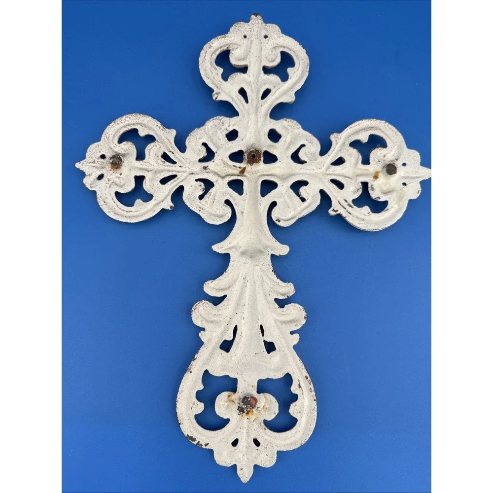 Shabby Chic Cast Iron Hanging Wall Cross Decor Cream Off White Distressed Finish